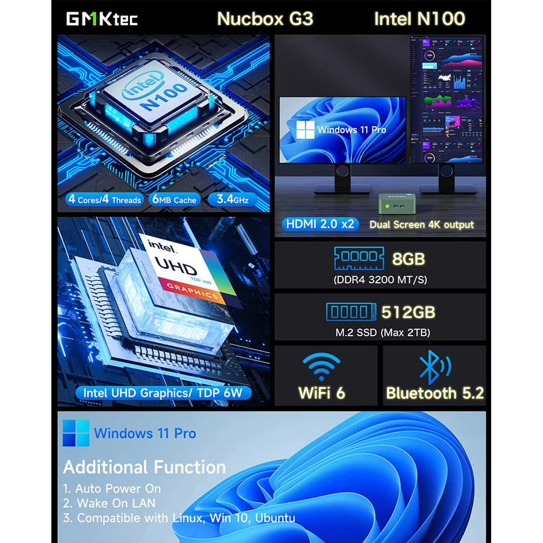 LITNXT-GMKtec NucBox G3 Gaming Mini PC Computer N100 16GB + 512GB (EU-Plug / Black)-9